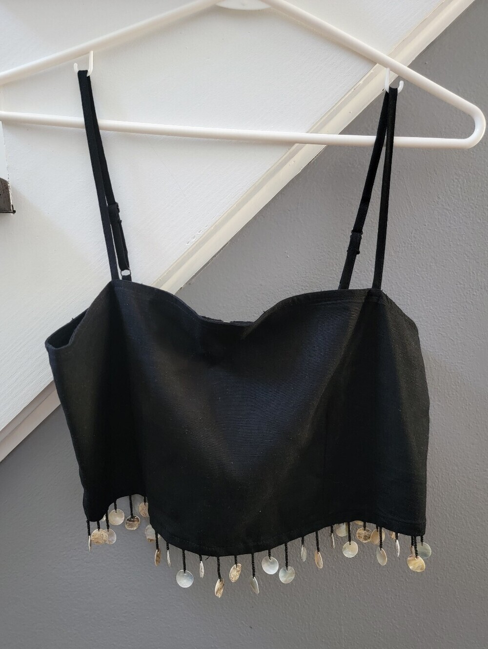 Jason Wu Black Linen Cropped Tank With Shell Fringe Size 2 Boho Beach
